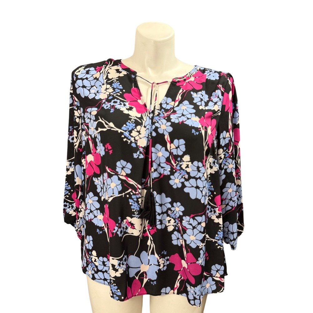Kaari Blue Curvy Womens 1X Floral Tassel Tie Blouse 3/4 Sleeve High Low Black